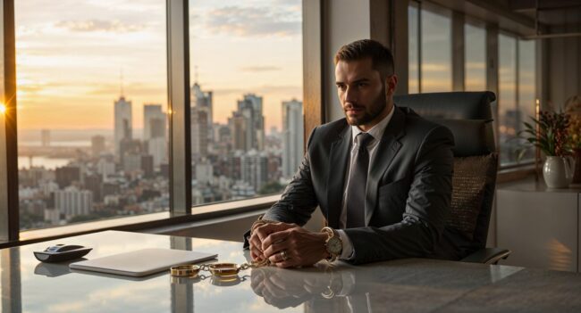 Golden handcuffs trapping corporate executive in high-paying job despite desire for freedom and entrepreneurship